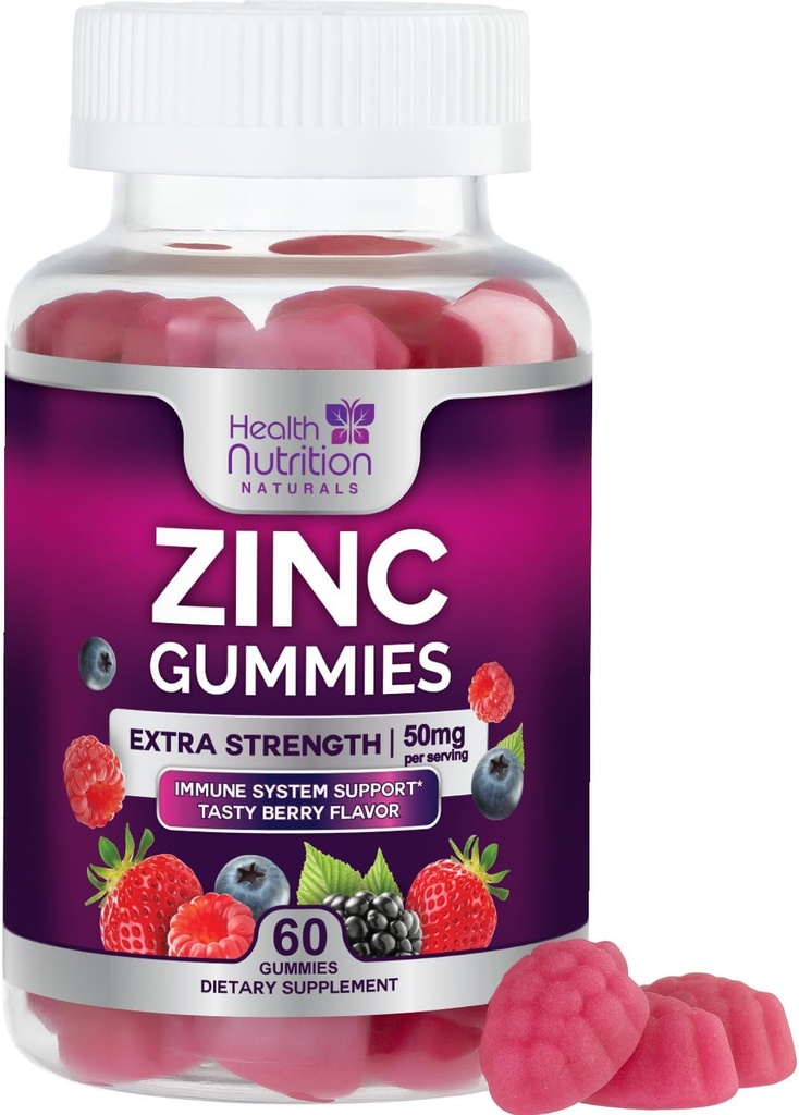 Suplementos Zinc 50mg Gummies - Max Strength Skin Health &amp; Immune Support Gummy, Vegan, Non-GMO & Gluten Gratis - Best Zinc Supplement Antioxidant & Bone Health Chewable Tasty Berry Flavor - 60 Gummies
