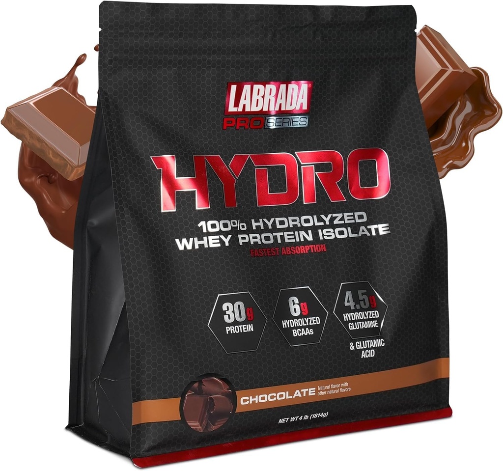 LABRADA Hydro 100% Pure Hydrolyzed Whey Protein Isolate Powder, Lactose Free, Glutamine, Fastest Digesting Whey Disponible, Mezcla instantánea, Delicious Taste 47 Servings 4lb (Chocolate)