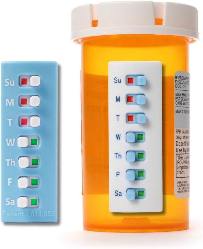 Take‐n‐Slide Peel and Stick Reusable for 12 + Refills, Pill/Medication/Vitamin/Pet Med Tracker & Reminder, Attach to Your Bottle, Organizer-Free, Curved‐Back, White & Blue (2-Pack, 1 cada uno)