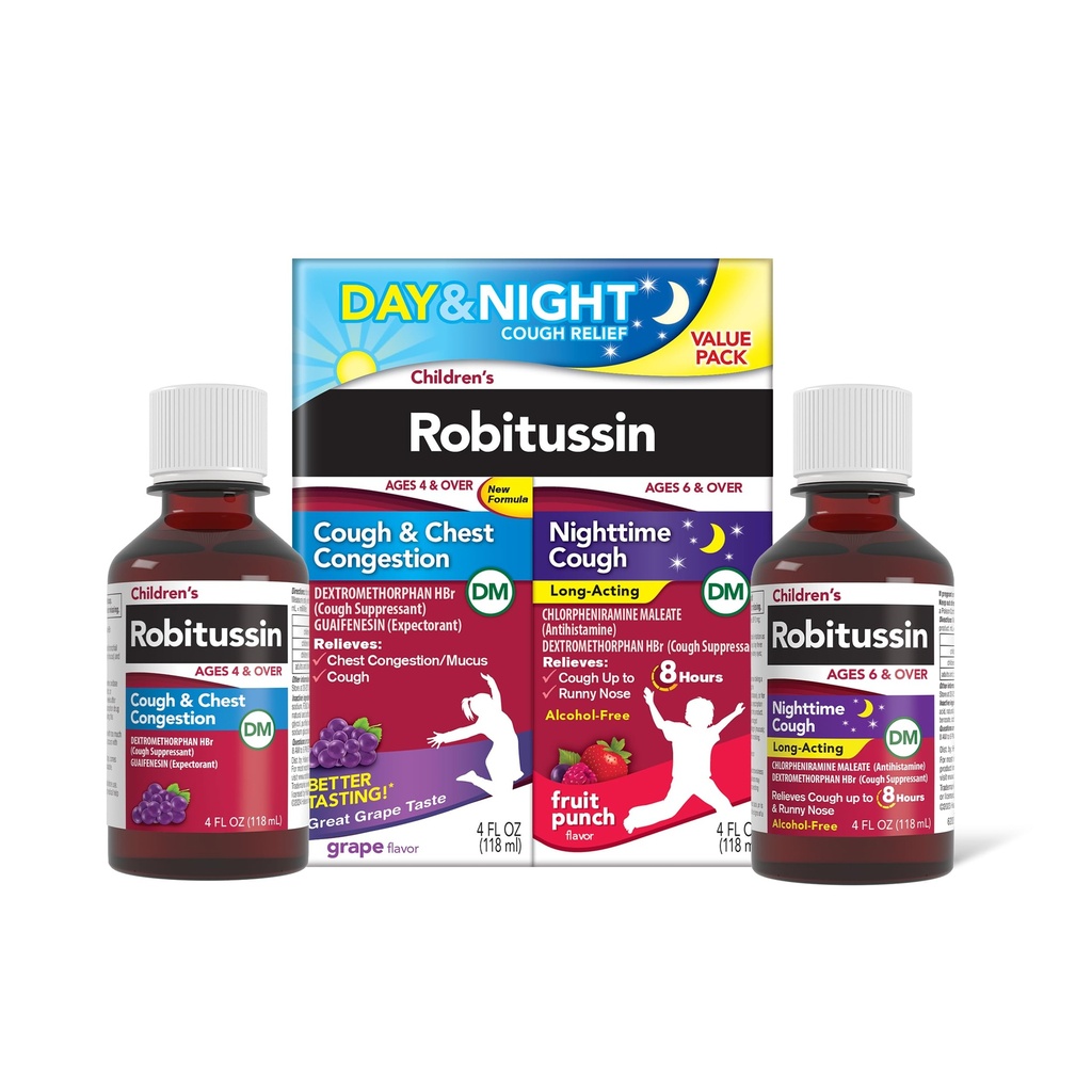 Robitussin de niños DM Day and Night Cough Relief Value Pack, Medicina de la tos, Flavor de la coraza/Fruit - 4 Fl Oz x 2