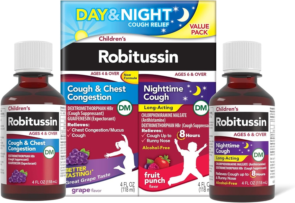 Robitussin de niños DM Day and Night Cough Relief Value Pack, Medicina de la tos, Flavor de la coraza/Fruit - 4 Fl Oz x 2