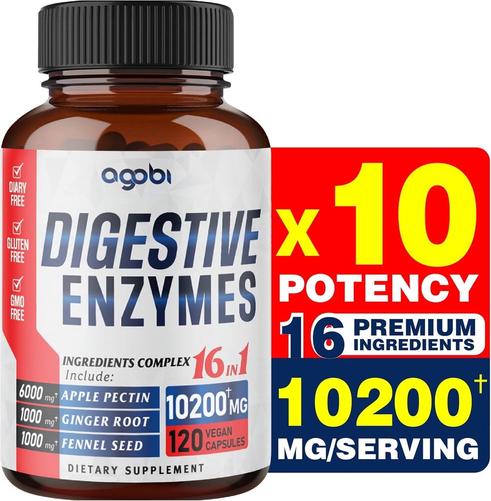 agobi 10200 Mg Digestive Enzymes with Prebiotic for Digestion, Immune & Body Support - 16in1 with Apple Pectin, Ginger Root, Prebiotic System > 120 Capsules for 2 Months