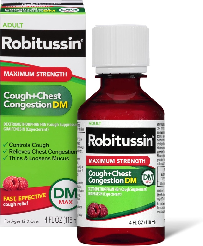 Robitussin Adulto Máximo Tos de Fuerza + Congestión de Chest DM Max (4 fl. oz. Botella), Tos Supresor &amp; Expectorant, Raspberry Flavor