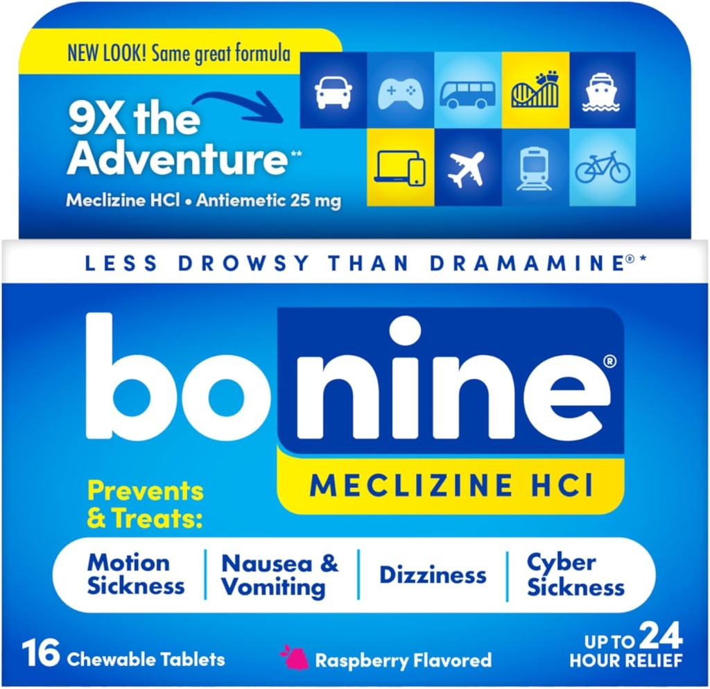 Bonine Non-Drowsy for Motion Sickness Relief, Sea Sickness, Car Sickness, Nausea, " Vomiting - Meclizine HCI 25mg, Travel-Sized - 16ct Raspberry Chewable Tablets (Packaging May Vary)