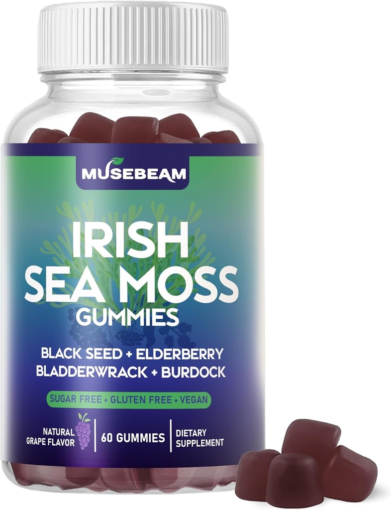Irlandés Moss Gummies - con la semilla negra Bladderwrack Burdock Turmeric Omega-3 Vitaminas C D3 Zinc - Seamoss Suplementos para Adultos Mujeres Hombres - Gluten libre de azúcar