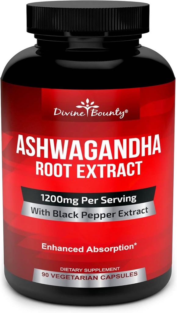 Divinidad Bounty orgánica Ashwagandha Capsules - 1200mg Ashwagandha Powder con Pepper Negro para la absorción mejorada - Ashwaganda Suplemento para la calma & Mood Apoyo - 90 cápsulas vegetales
