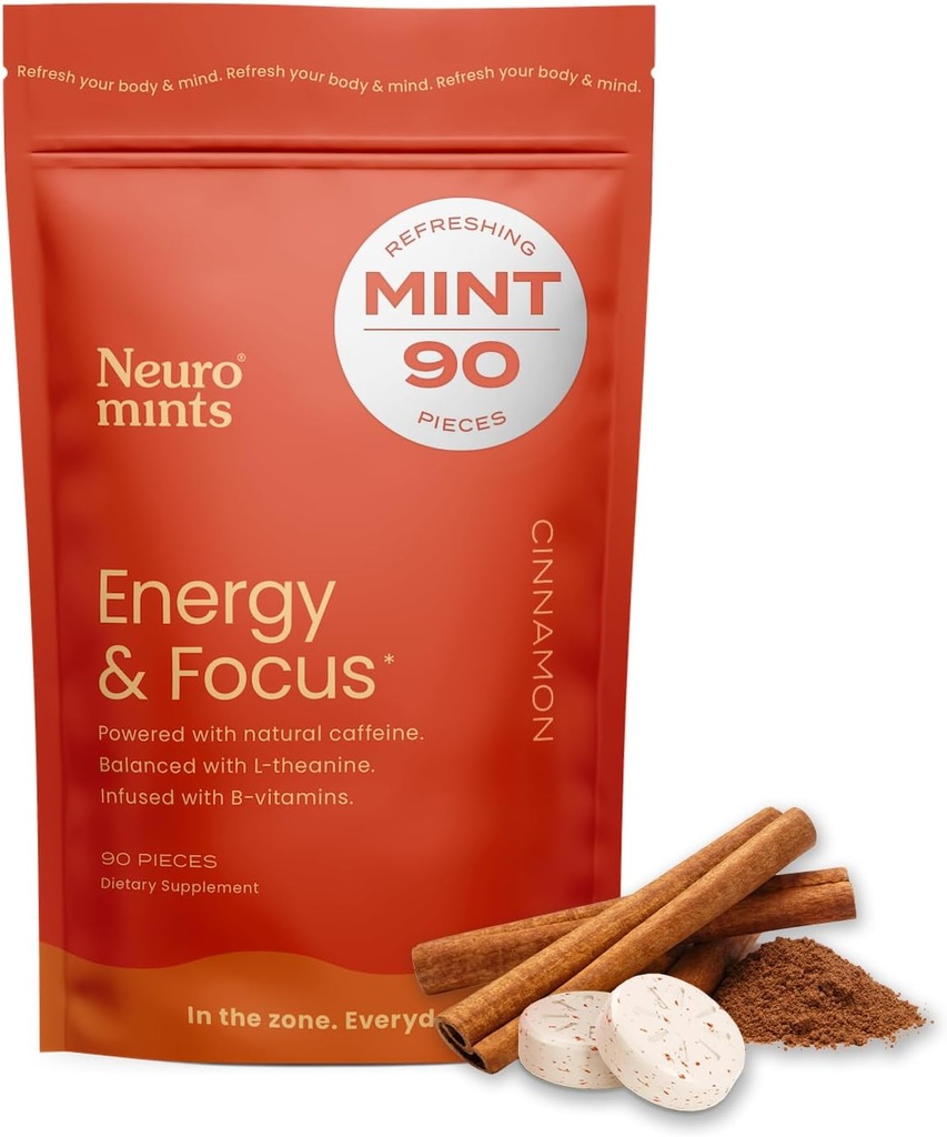 NeuroGum Energy & Focus Mints (90 Count Bag, Cinnamon) ← 40mg Natural Caffeine + L-Theanine + Vitamin B12 &amp; B6 Silencio Sugar Free Nootropic Cognitive Brain Performance Suplemento