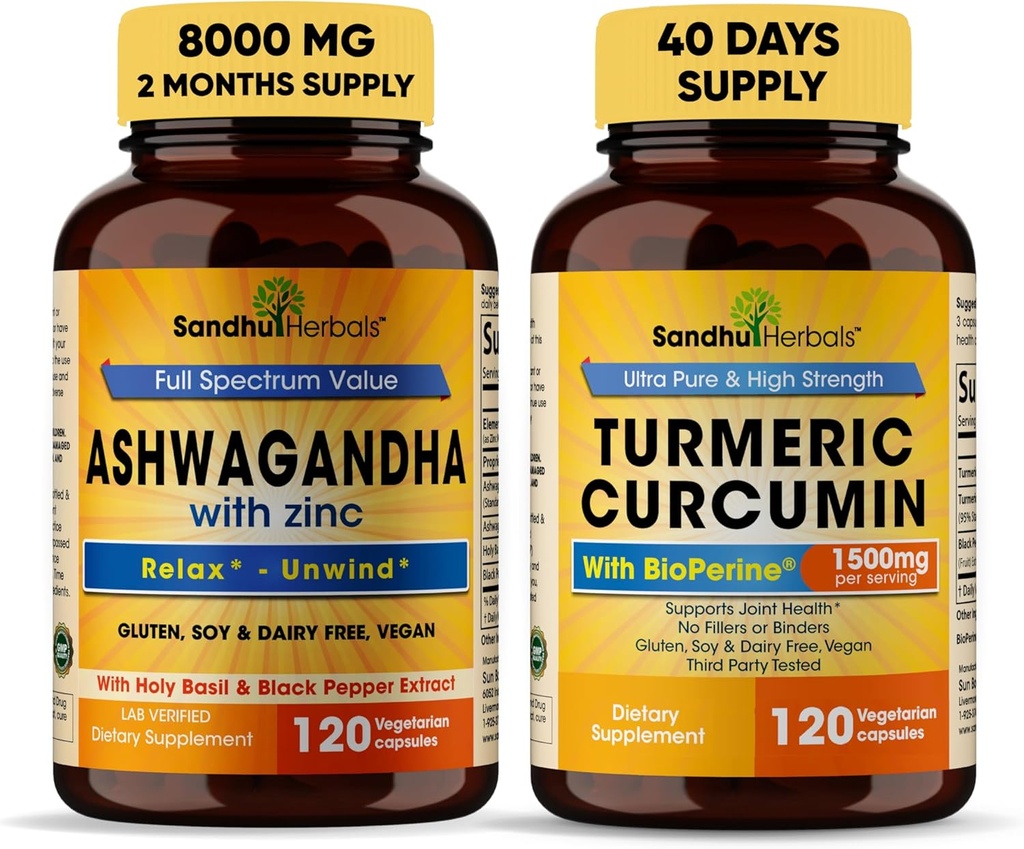 Sandhu Herbals Organic 4in1 Ashwagandha w/Zinc " Organic Turmeric Curcumin w/Bioperine Black Pepper Extract vidas apoya el sistema inmunitario involuntario