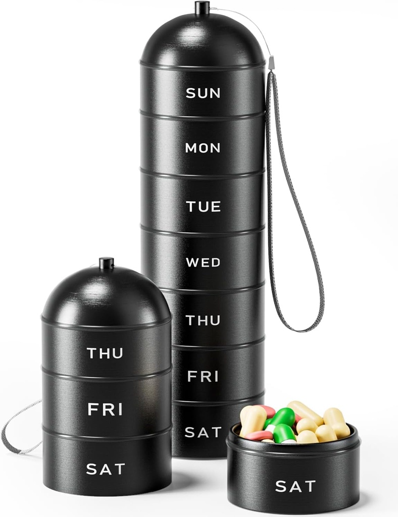 Metal Pill Organizer Weekly - Betife Estackable Waterproof Caja de Pill, Portable Aluminum Alloy 7 Day Pill Case, Moisture Proof BPA Free Pill Container to Hold Medicine, Vitamins, Supplements