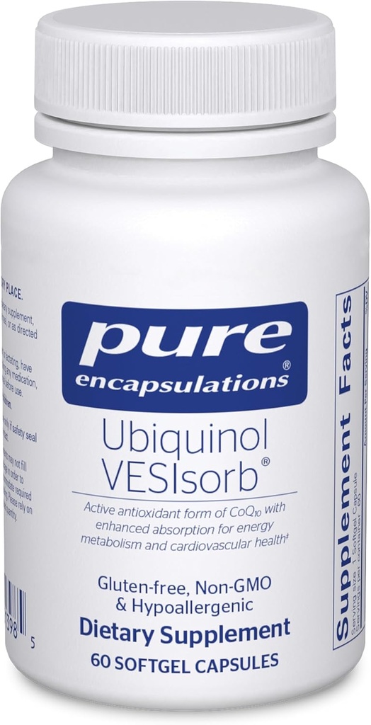 Pure Encapsulations Ubiquinol VESIsorb TEN Hypoallergenic Supplement TEN Enhanced Absorption of Active Antioxidant Form of CoQ10 ← 60 Caplique Capsules