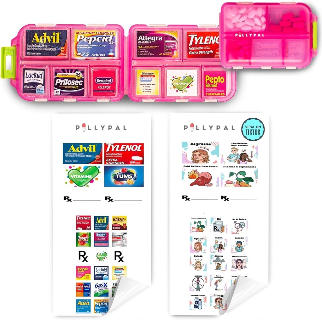 V1 Portable Travel Pill Organizer Holder with Stickers - 10 Slot Durable Compact Case to Organize Meds, Pills, Medicine, Prescriptions, Health Vitamins, Jewelry, Travel Essentials - Pink