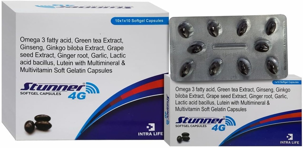 STUNNER-4G SOFTGEL CAPS inseng Extract Powder 42.5mg + Wheat Germ Oil 25mg + Citrus Bioflavonoids 20mg + Grape Seed Extract 15mg + Natural Mixed Carotenoids (10% Dispersion)11.33mg + Green Tea Extract