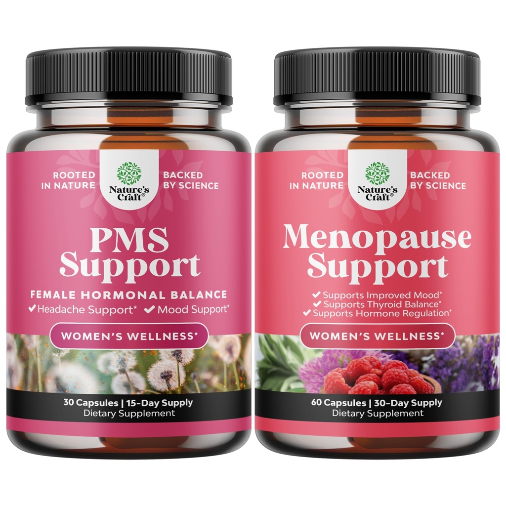 Bundle of PMS Support Supplement for Women – Hormone Balance for Period Cramps Ease and Complete Herbal Menopause Supplement for Night Sweats Hot Flashes & Mood Swings with Dong Quai Chaste Berry