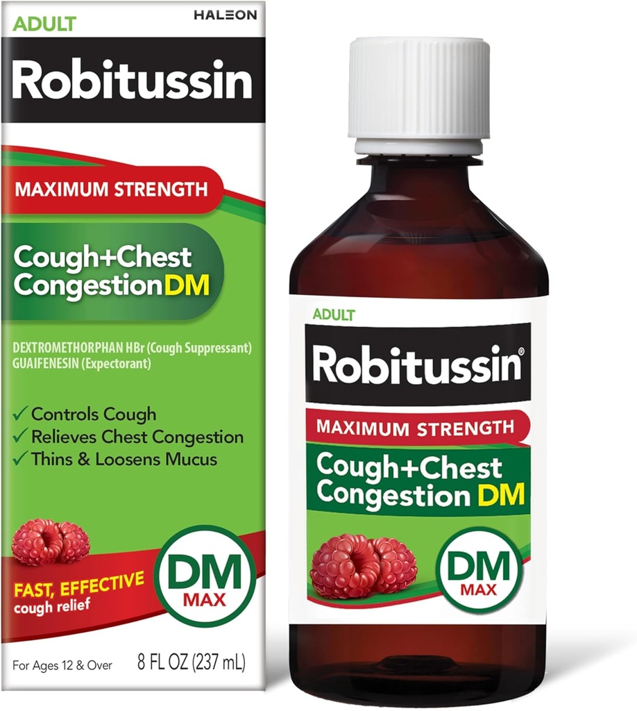 Robitussin Adulto Máximo Tos de Fuerza + Congestión de Chest DM Max (8 fl. oz. Botella), Tos Supresor &amp; Expectorant, Raspberry Flavor