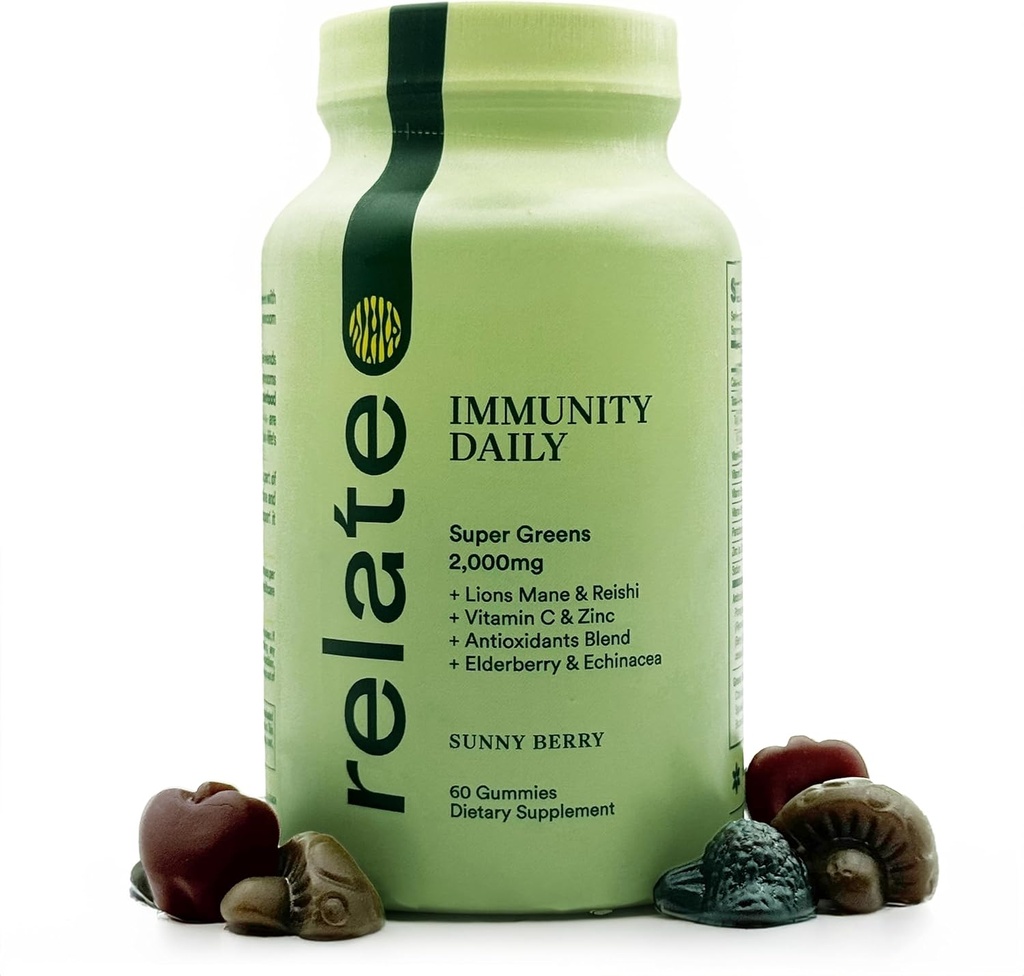 relacion Immunity Daily Gummies - Super Greens, Lion's Mane & Reishi, Vitamina C & Zinc, Antioxidant Blend with Elderberry &amp; Echinacea - Sunny Berry Flavor, 60 Conde