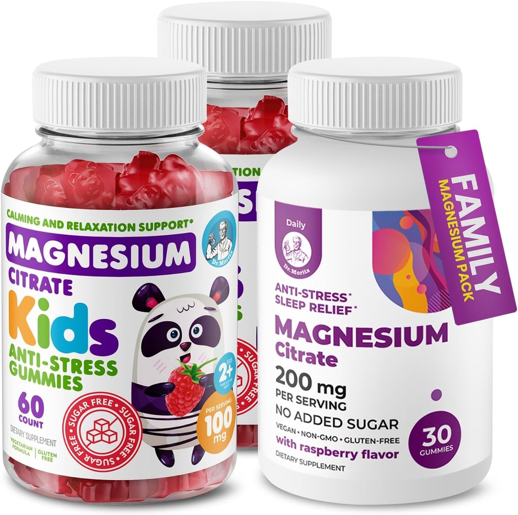 DR. MORITZ Magnesium Bundle - Gummies for Adults (200mg, 30 Conde) and Kids Magnesium Gummies (60 Conde, 2 Pack) - Sin azúcar