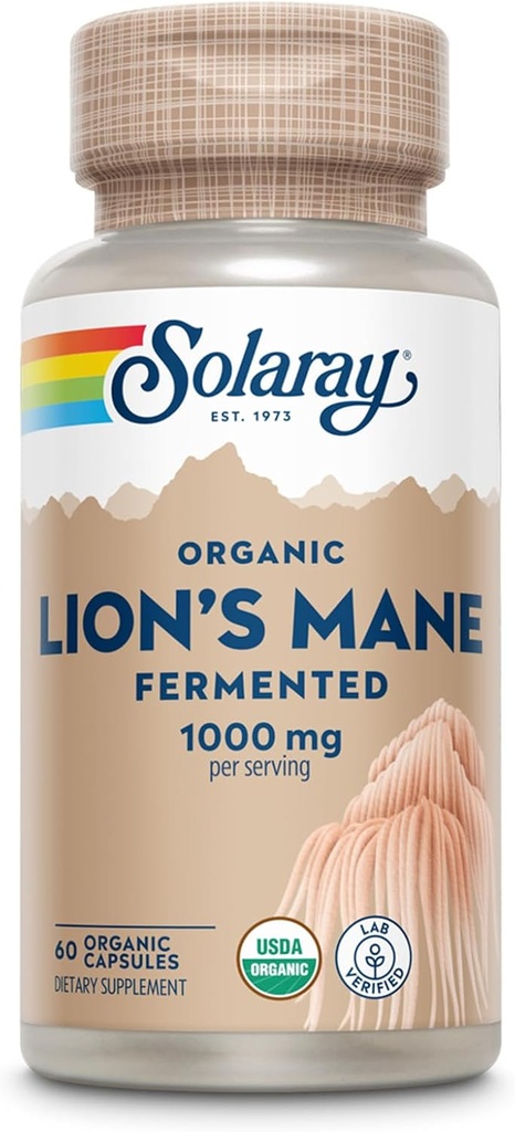 SOLARAY Organic Lions Mane Supplement Capsules - Proporcionando 1000 mg de los hongos orgánicos Mane de León, fermentado para la absorción mejorada - Vegan, garantía de 60 días, Lab Verified, 30 Servings, 60 VegCaps