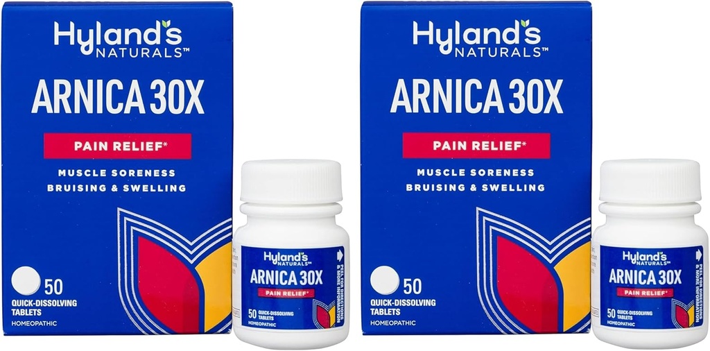 Naturales de Hyland Arnica Montana 30x Tablets, Alivio Natural de Bruises, Soredad de Hierro &amp; Muscle, Mesas de Dissolación Rápida, 50 Conde (Pack of 2)