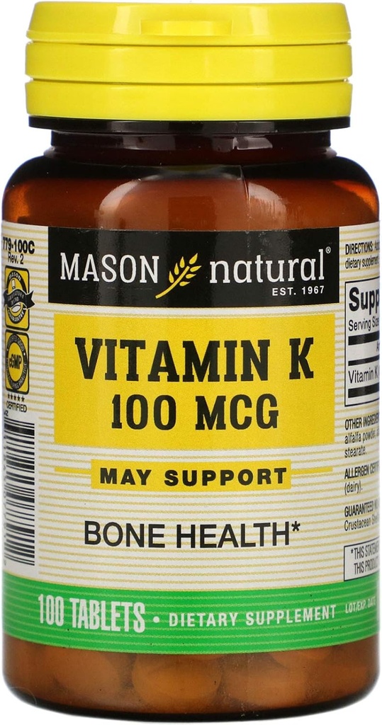 Vitaminas de masón Vitamina K 100 mcg Tabletas, botellas de 100 puntos