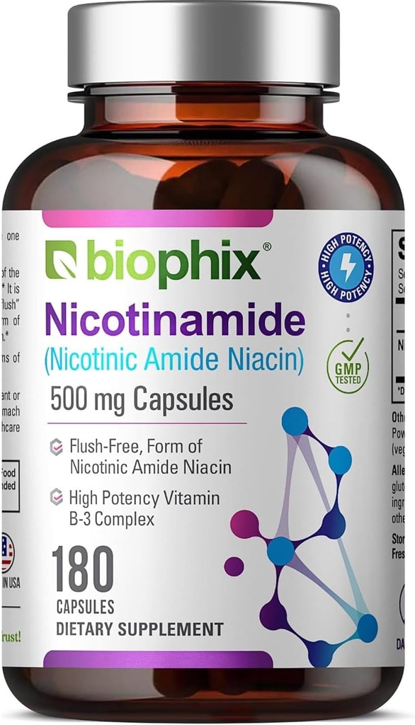biofijo B-3 Nicotinamida 500 mg 180 Caps - Niacina Niacina libre de fluido natural Fórmula - Apoyo a la salud de células de la piel