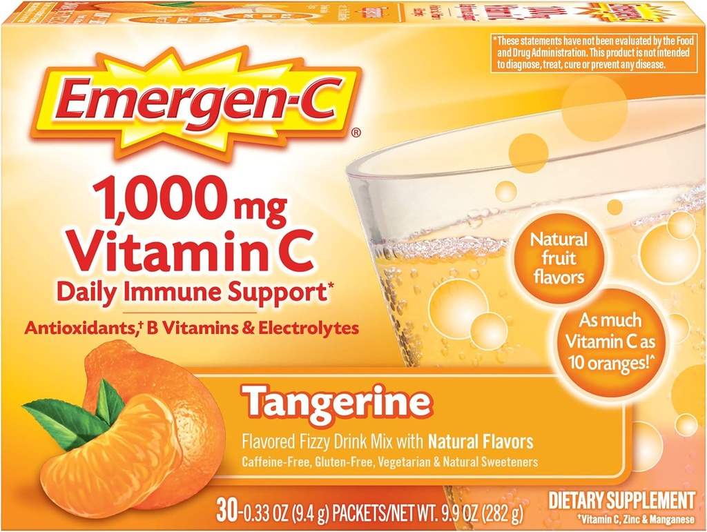 Emergen-C 1000mg Vitamina C Powder, con Antioxidantes, vitaminas B y electrolitos, suplementos de vitamina C para soporte inmunitario, mezcla de bebidas sin cárter, sabor a Tangerina - 30 Con