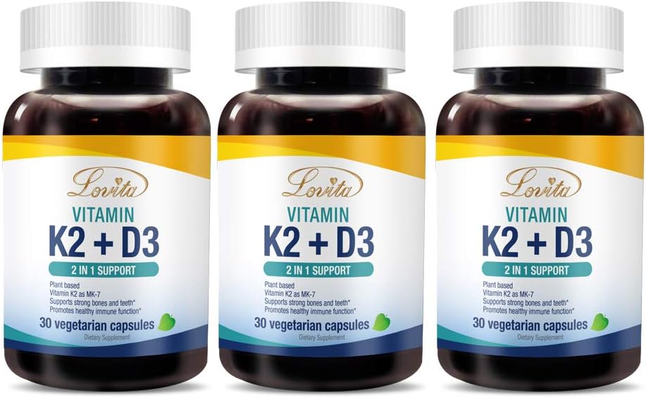 Lovita Vitamina K2 + D3, 400 UI Vitamina Vegan D3 &amp; 120 mcg Vitamina K2 (MK-7), 2 en 1 Fórmula, Complejo de Vitamina Inmune, soporta su funcionamiento cardíaco, dientes e inmunes, 30 cápsulas vegetarianas (Pack of 3)