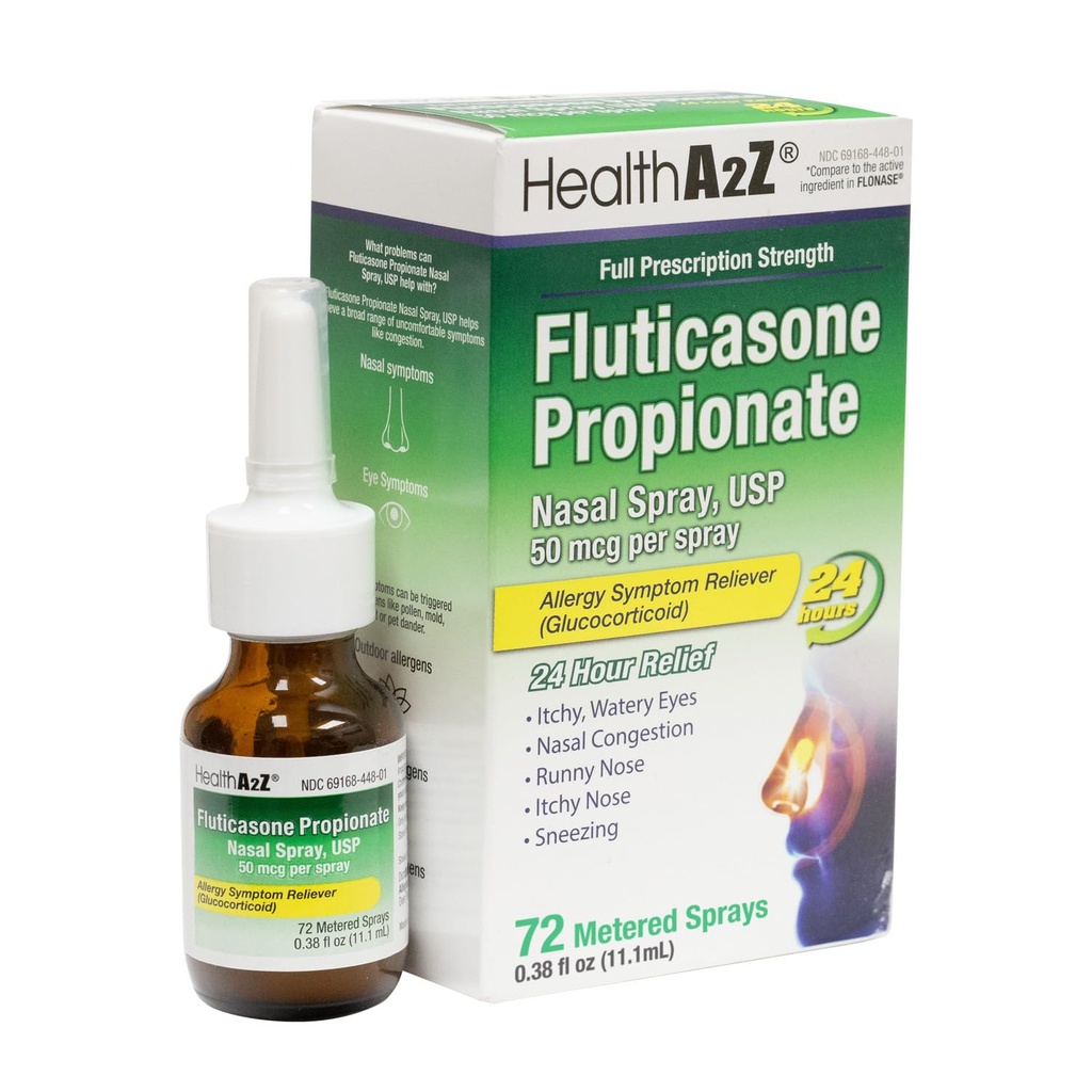 HealthA2Z® Fluticasone Propionate Nasal Spray Ø 50 mcg per Spray Silencio 24 horas Alivio de la Alergia TEN 72 Sprays ANTE 0.38 fl oz. (11.1mL) ANTE Nasal Decongestant ← Non-Drowsy ANTE Allergy Relief Spray
