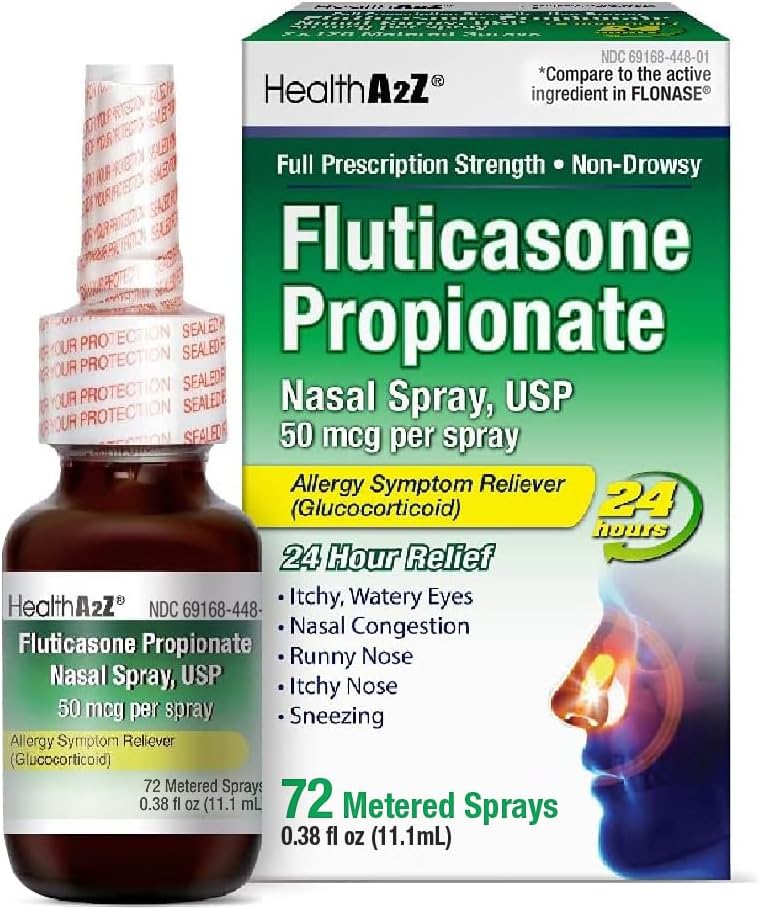 HealthA2Z® Fluticasone Propionate Nasal Spray Ø 50 mcg per Spray Silencio 24 horas Alivio de la Alergia TEN 72 Sprays ANTE 0.38 fl oz. (11.1mL) ANTE Nasal Decongestant ← Non-Drowsy ANTE Allergy Relief Spray