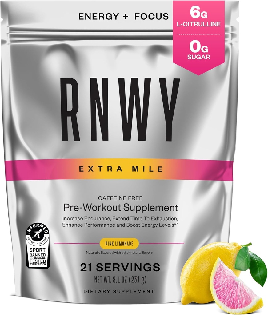 Extra Mile Caffeine Free Pre Workout Powder, 6g L-Citrulline, Sugar Free, Stimulant Free, with DynamineTM and TeaCrine® for Endurance and Focus, 21 Servings (Pink Lemonade)