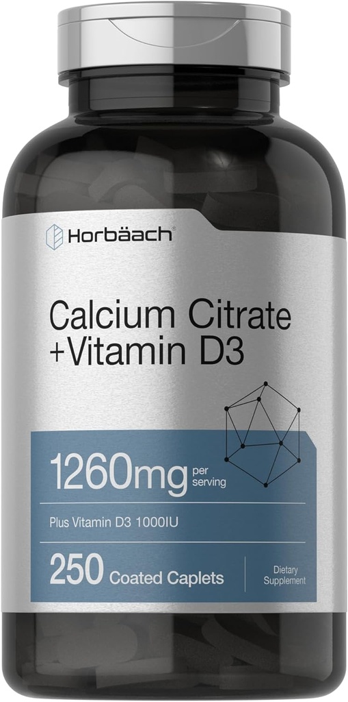 Horbäach Calcium Citrate con Vitamina D3 TEN 1260 mg TEN 250 Caplets ANTE Vegetariano, No GMO, Gluten Suplemento Libre