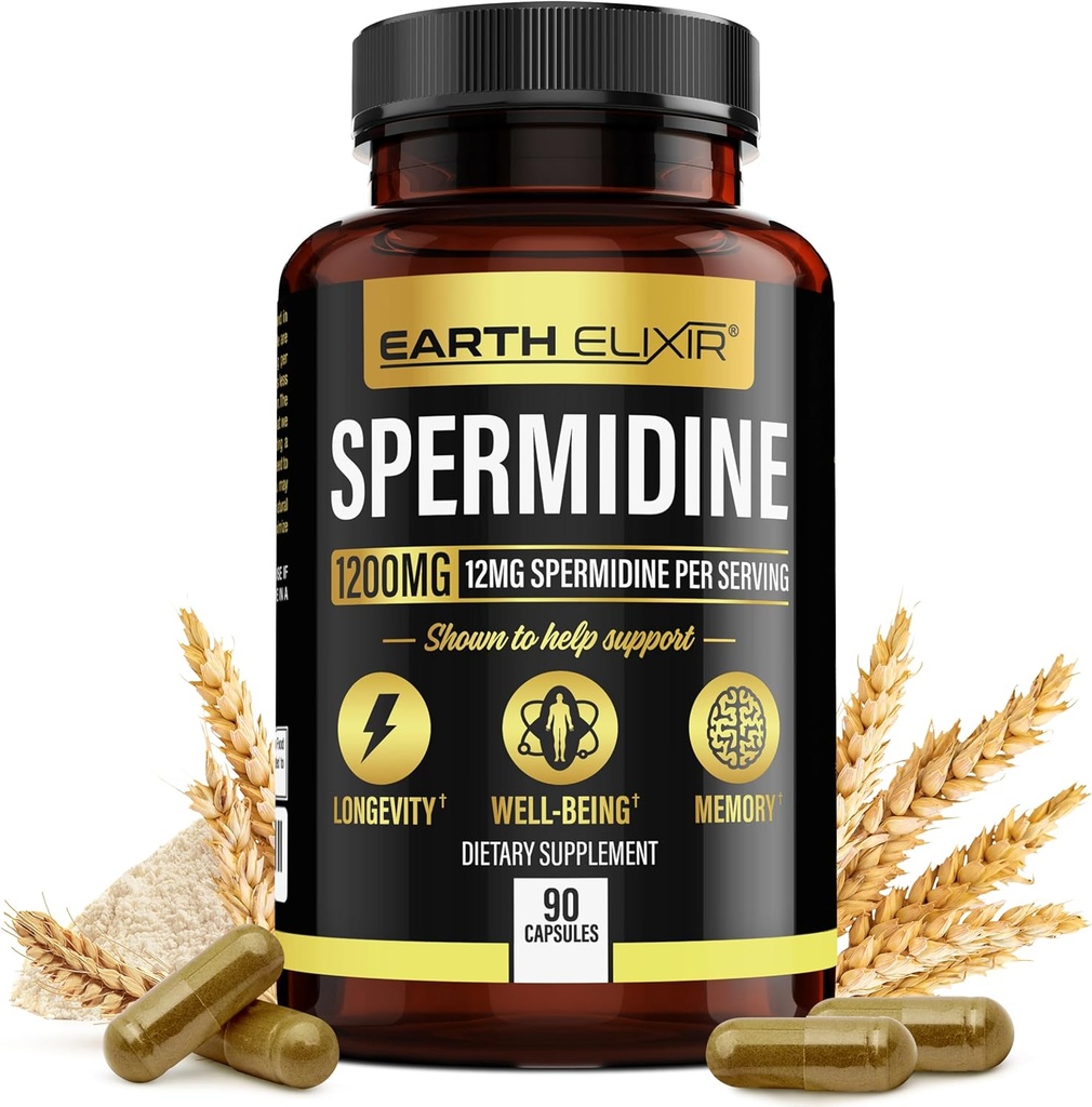 Elixir Spermidine Suplementos 1200mg (90 cápsulas) – Anti envejecimiento - 3er partido probado (12mg Spermidine Powder) Max Purity - 100% Pura Espermidina- Fermented Wheat Germ Extract - NMN Alternativa