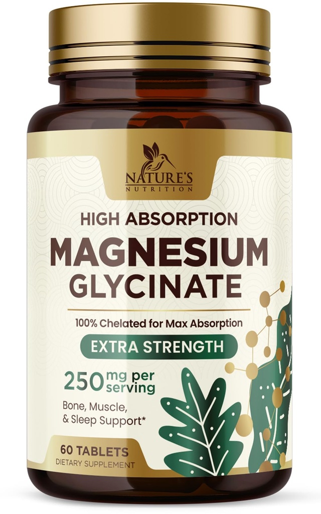 Magnesio (Glycinate) - Suplemento de Magnesio para la Salud del Corazón, Nerve, Muscle, Bone y Sleep Support - 100% Chelated & High Absorption - 250 mg por Serving - Gluten Free, Vegan, Non-GMO - 60 Cuenta