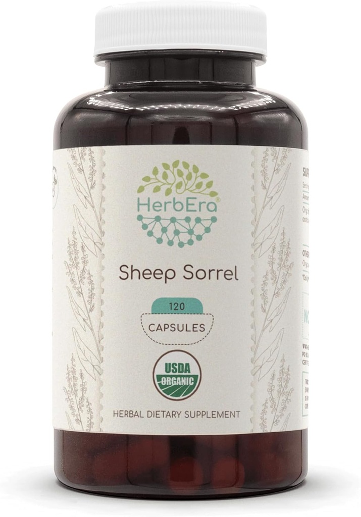 HerbEra Sheep Sorrel USDA Orgánica 120 Capsules ← Suplemento Natural Herbal ← Certified Organic Vegetarian Capsules and Organic Sheep Sorrel (Rumex Acetosella) Dried Herb (120 cápsulas)