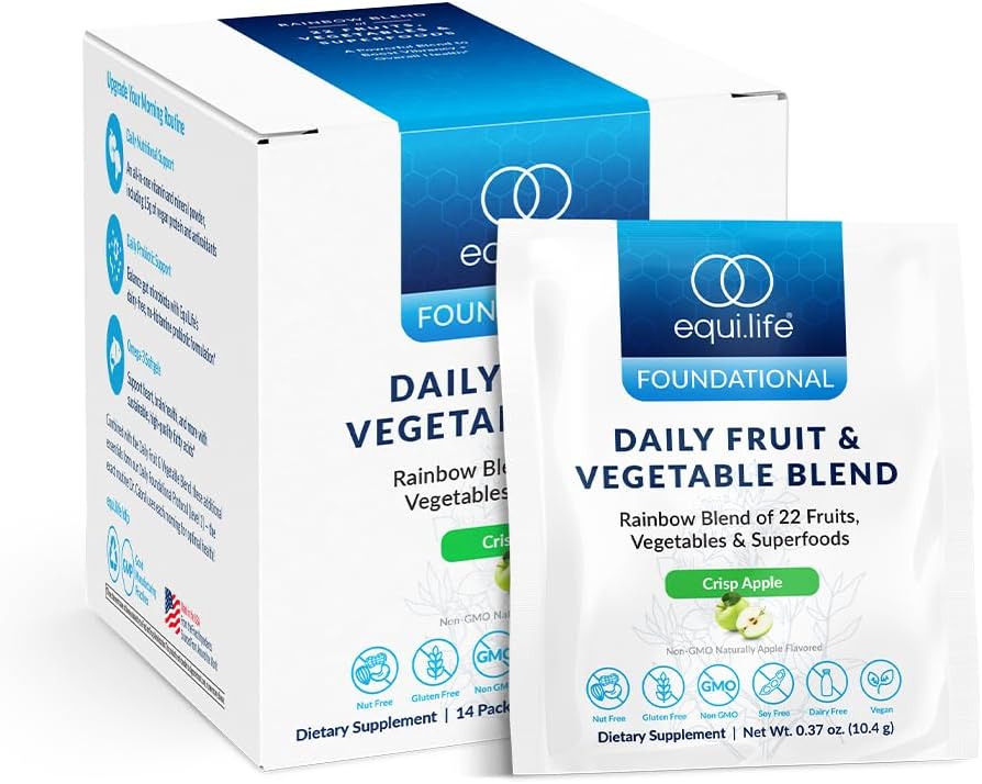 Equilife Daily Fruit & Vegetable Blend, Superfood Antioxidant Supplement, Crisp Apple Flavor with Vitamin C, Fiber, and 9 Essential Amino Acids, Supports Energy, Vegan, 14 Single Serve Packets