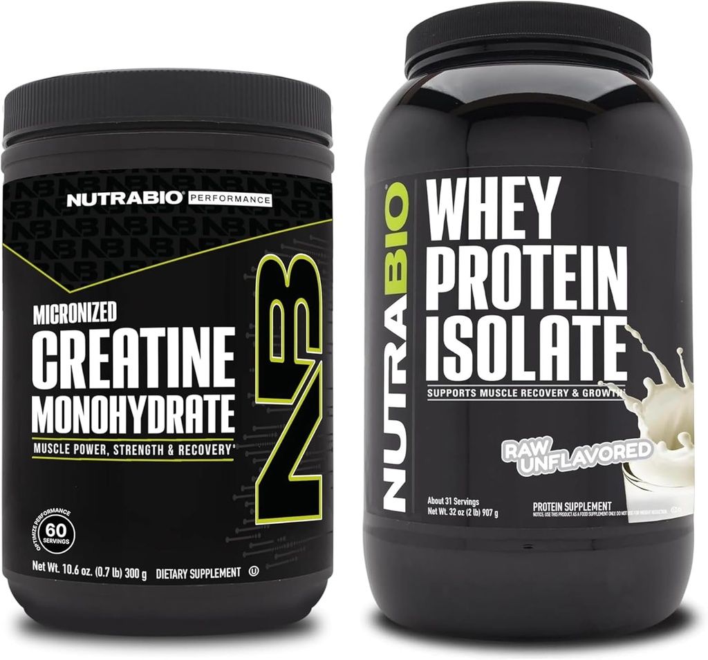 NutraBio Monohidrato de Creatina, Desflavorado, 300g y Whey Protein Isolate, Desflavorado, Suplemento Bundle - Energía muscular, Crecimiento del músculo magro, recuperación y fuerza