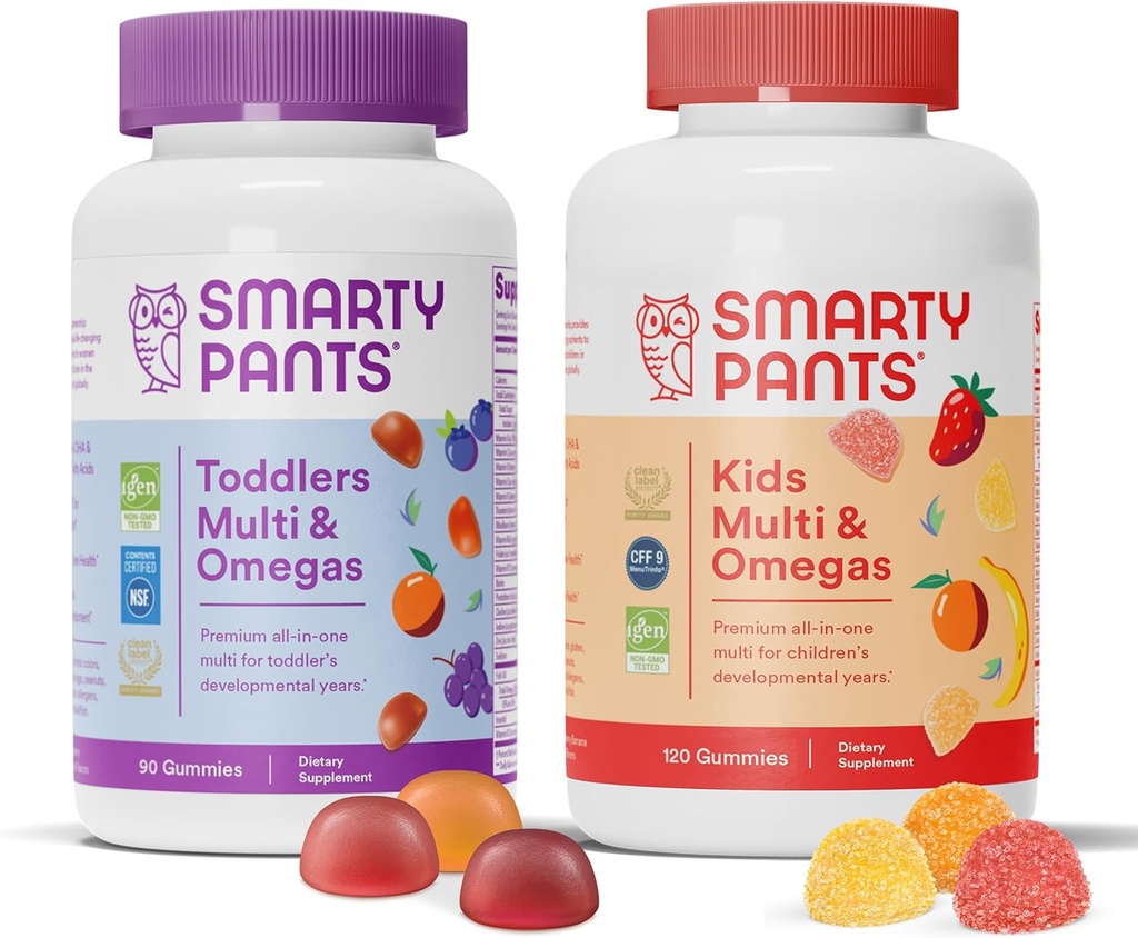 SmartyPants Toddler and Kids Multivitamin Gummies Bundle: Omega 3 Fish Oil (EPA/DHA), Vitamina D3, C, Vitamina B12, B6, A, K & Zinc, Biotin, Gluten Free, Three Fruit Flavors (30 Day Supply)