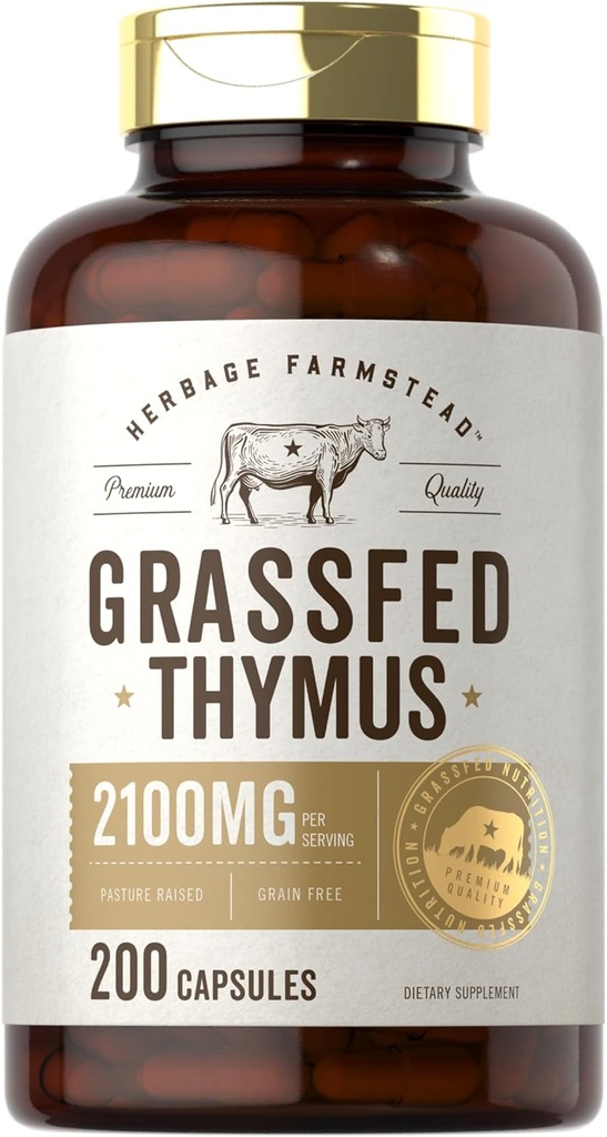 Carlyle Grass Fed Beef Thymus Bovine Supplement ← 2100mg  200 Capsules ← Pasture Raised, Non-GMO, Gluten Free ← Herbage Farmstead
