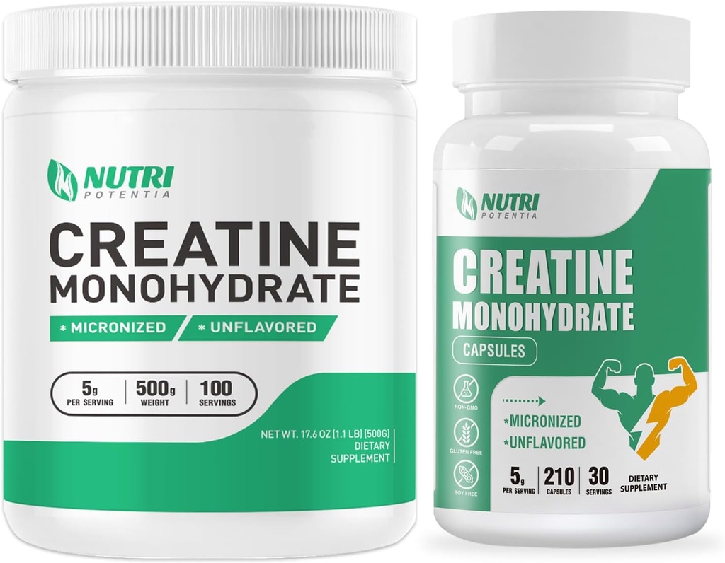 Creatine Monohydrate Powder 500 Grams & Creatine Capsules, Pure Micronized Creatine Supplements for Building Muscle, Pre & Post Workout Creatine Powder, Non-GMO, Unflavored