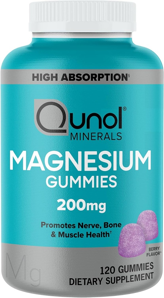 Gummies de Magnesio Qunol para Adultos, 200 mg Magnesio Elemental (a partir de 1,750 mg Citrato de Magnesio), Suplemento Magnesio de alta absorción, soporta Nerve, Bone y Muscle Health, Vegetariano, 120 Condes