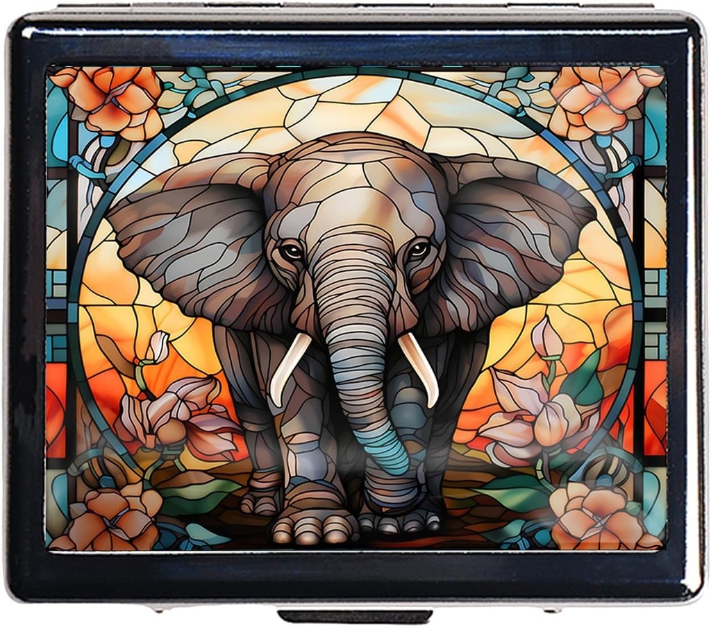 7 Days Chromed Shiny Silver Pill Organizer with Mirror Inside Has 8 Separate Compartments Rectangle 7 Days Pill Box Pill Case (Stain Glass Elephant)