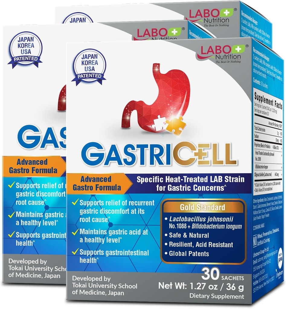 LABO Nutrition GASTRICELL - Acid Reflux, Heartburn, Recurring Gastric Discomfort, Natural Defence Against Gastric Distress 30 sachets x3