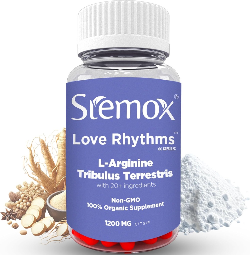 Love Rhythms L-Arginine 500MG & Tribulus Terrestris for Men – Stamina & Vitality Support - Non-GMO, 100% Suplementos Orgánicos para Hombres - Estilo de Vida Activo y Bienestar Física - 60 cápsulas