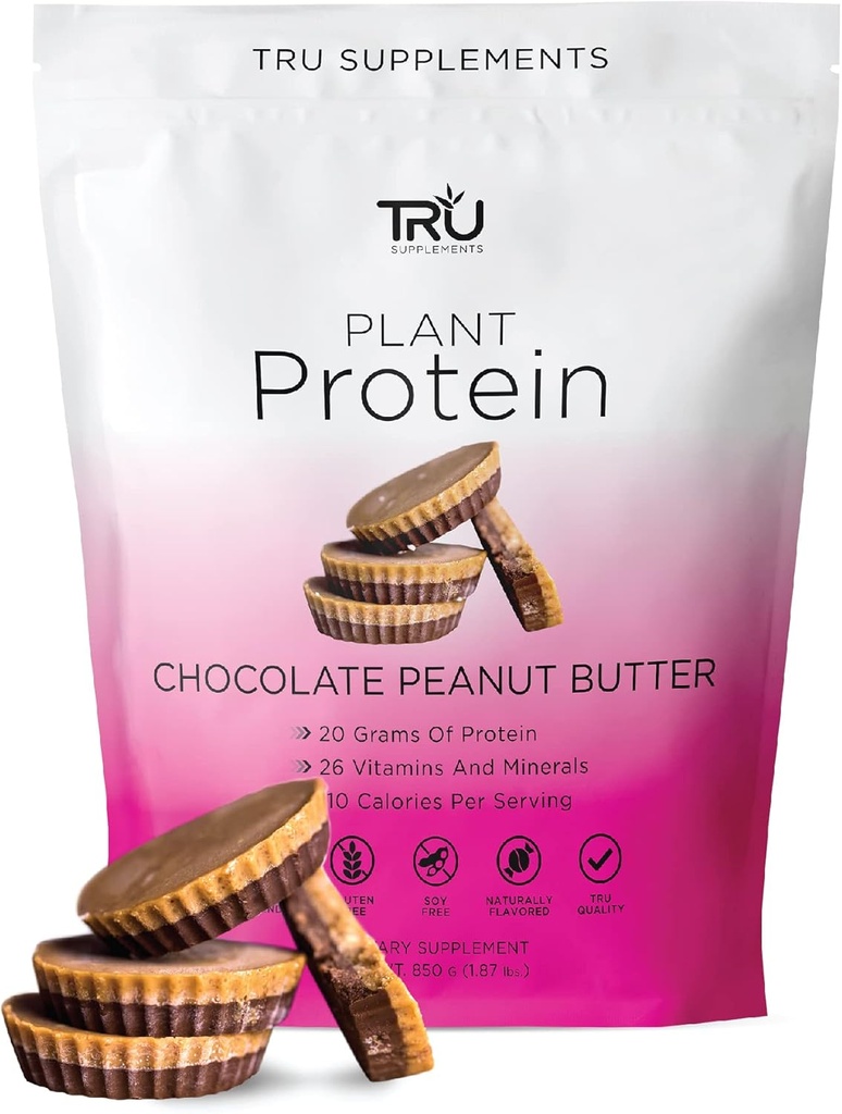 TRU Supplements Plant Based Protein Powder, BCAA, EAA, 20g Vegan Brown Rice & Pea Protein, 100 Calories, 27 Vitamins, No Artificial Flavors 25 Servings (Chocolate Peanut Butter)