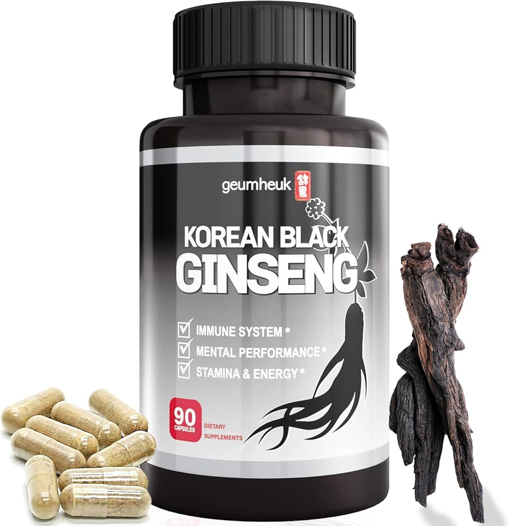 GeumHeuk Korean Black Panax Ginseng Capsule 1000mg - 90 Vegan Capsules Non GMO, High Ginsenosides, High Absorption Rate, Enhance Immunity, Mental Performance, Stamina & Energy, Men &amp; Women