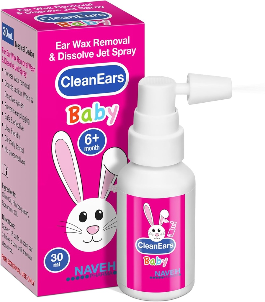 NAVEH PHARMA® CleanEars Baby ← Acción rápida Ear Wax Removal Spray  Breaks Down " Dissolves Earwax in Just 1 Treatment ← Clínicaly Proven to Be 300% Más Eficacia  durable Mineral Oil, Gentle limitadaSafe  1 OZ