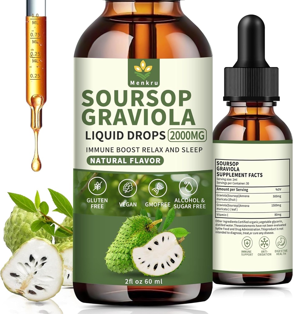 Soursop Bitters Liquid multivitami Drops,Pure Organic Soursop Leaves Extract,Inmune Boost,Cell Support " Regeneración, Sugar/Gluten Free, Natural Flavor, 2 Fl Oz