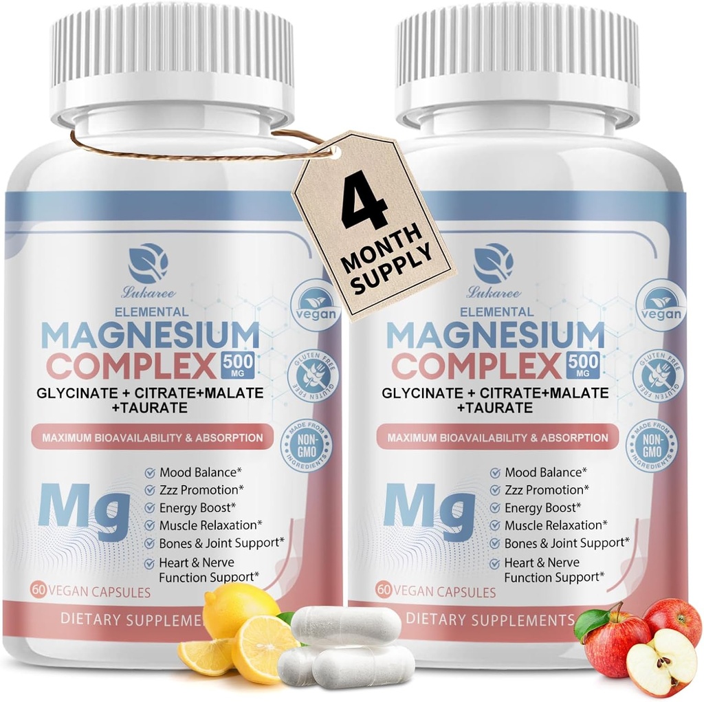 Lukaree Magnesium Complex Suplemento 500mg, Magnesium Glycinate, Malate, Taurate, Citrate Complex " Herbal Extracts, High Absorption Chelated 120 Vegan Non-GMO Capsules for Rest, Energy, Mood