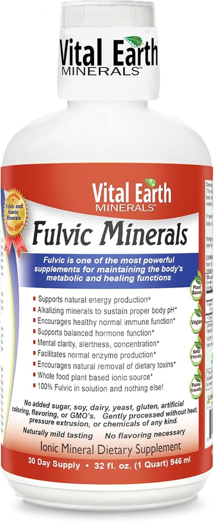 Minerales de la Tierra Vital Minerales Fulvic Minerales Líquidos – Suplemento Ácido Fulvico con 70+ Minerales Trace, Electrolitos para Energía & Vitalidad, 32 Oz + 1 Copa Oz
