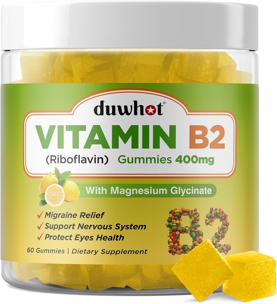 Vitamina B2 Gummies con Magnesio- Riboflavin 400mg para el alivio de dolor de cabeza de migraña, B2 Vitaminas Gummies para adultos &amp; niños, Vegan, 60 Chewable