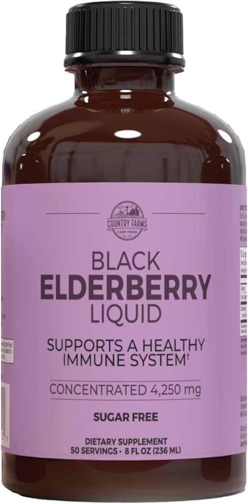 Country Farms Elderberry Liquid, soporta un sistema de inmunológico saludable, rico en antioxidantes, libre de azúcar, sabor Berry, 8 Fl Oz
